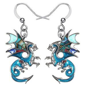Enamel Dragon Earrings Fantasy Dinosaur Drop Dangle Charm Jewelry Gift